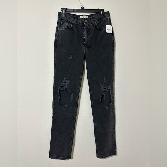 NEW!! Free People FP Lasso 25 Straight High Waist Jeans Black Cowgirl Distressed - Picture 1 of 8